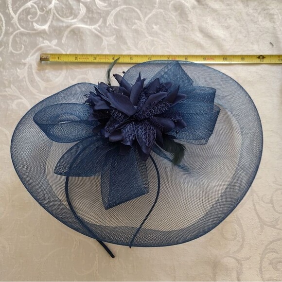 Royal Ascot Inspired Navy Blue Fascinator Hat with Headband – Wedding, Derby - Picture 3 of 5